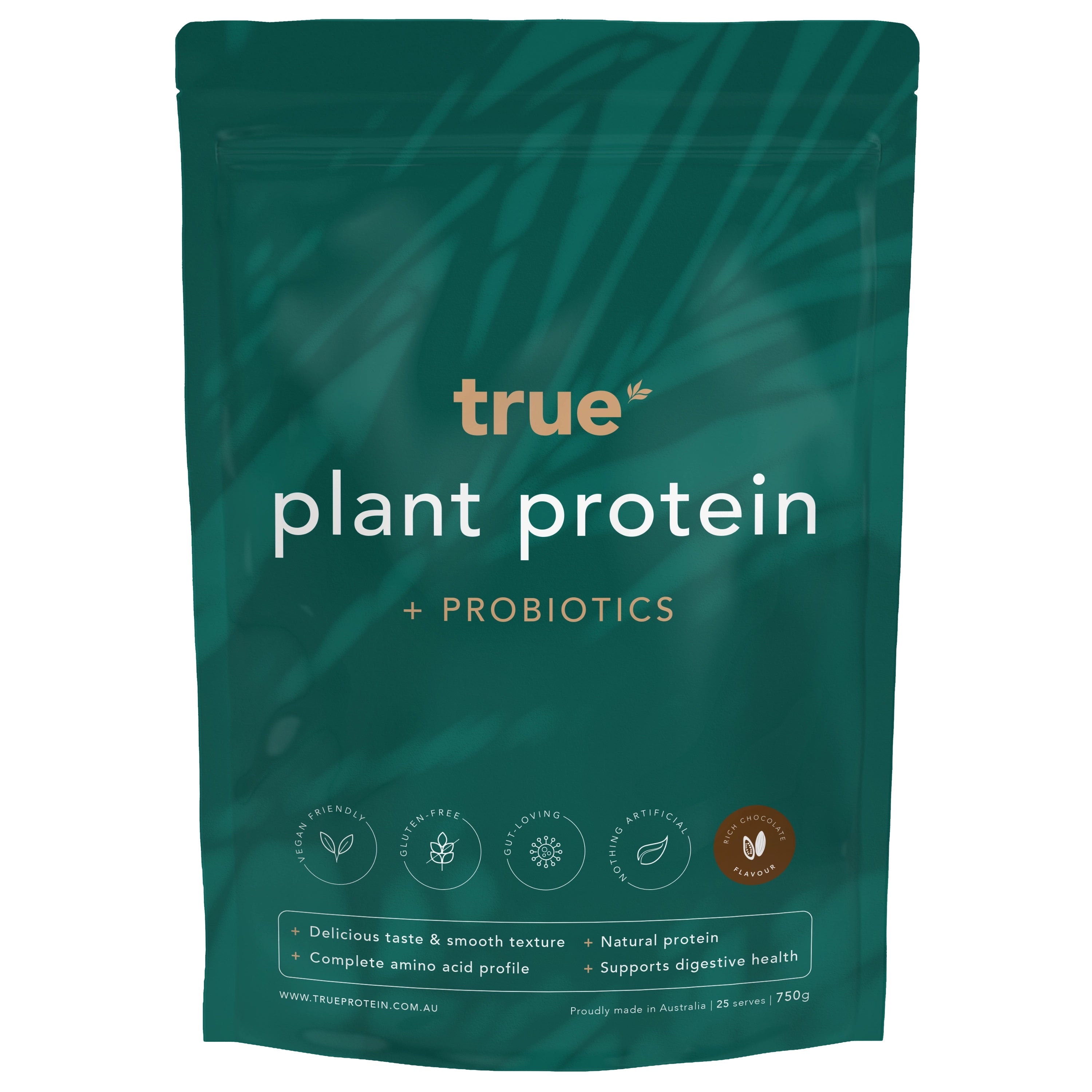 True plant protein pouch with probiotics, True brand rich chocolate flavour, 750g resealable bag, vegan, gluten‑free, natural protein, supports digestive health — proudly made in Australia