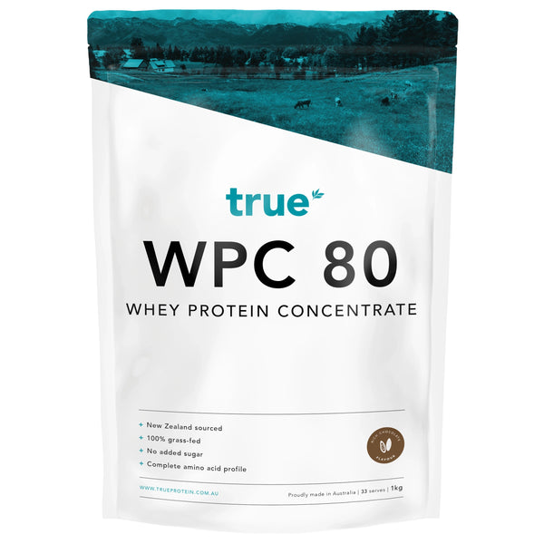 True WPC 80 whey protein concentrate pouch 1kg – True Nutrition white resealable bag, New Zealand-sourced 100% grass-fed whey, no added sugar, chocolate flavour, proudly made in Australia.