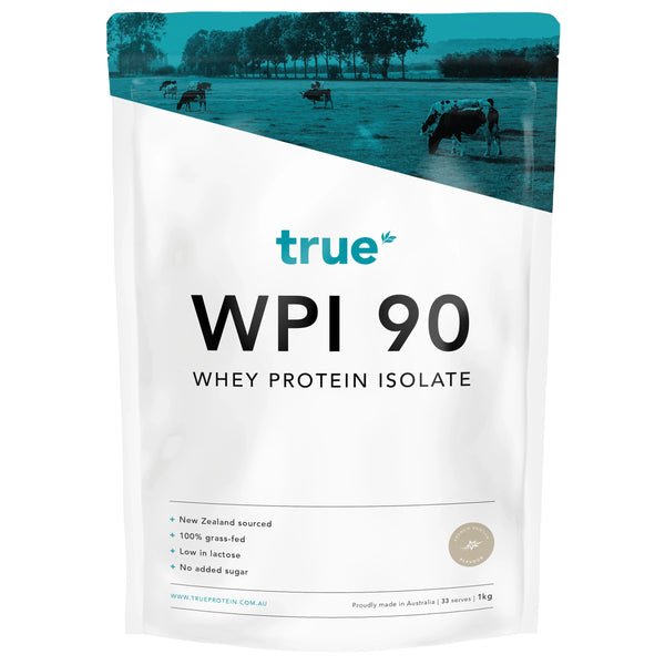True WPI 90 whey protein isolate 1kg white resealable pouch – True Protein brand, New Zealand-sourced, 100% grass-fed, low-lactose, no added sugar (product studio shot)