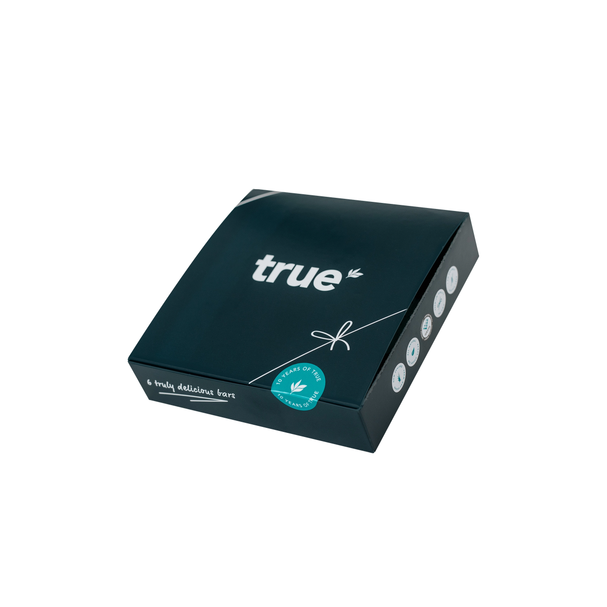 True protein bars gift box – teal pack of 6 healthy high-protein snack bars, branded “true” boxed sampler for fitness and on-the-go nutrition