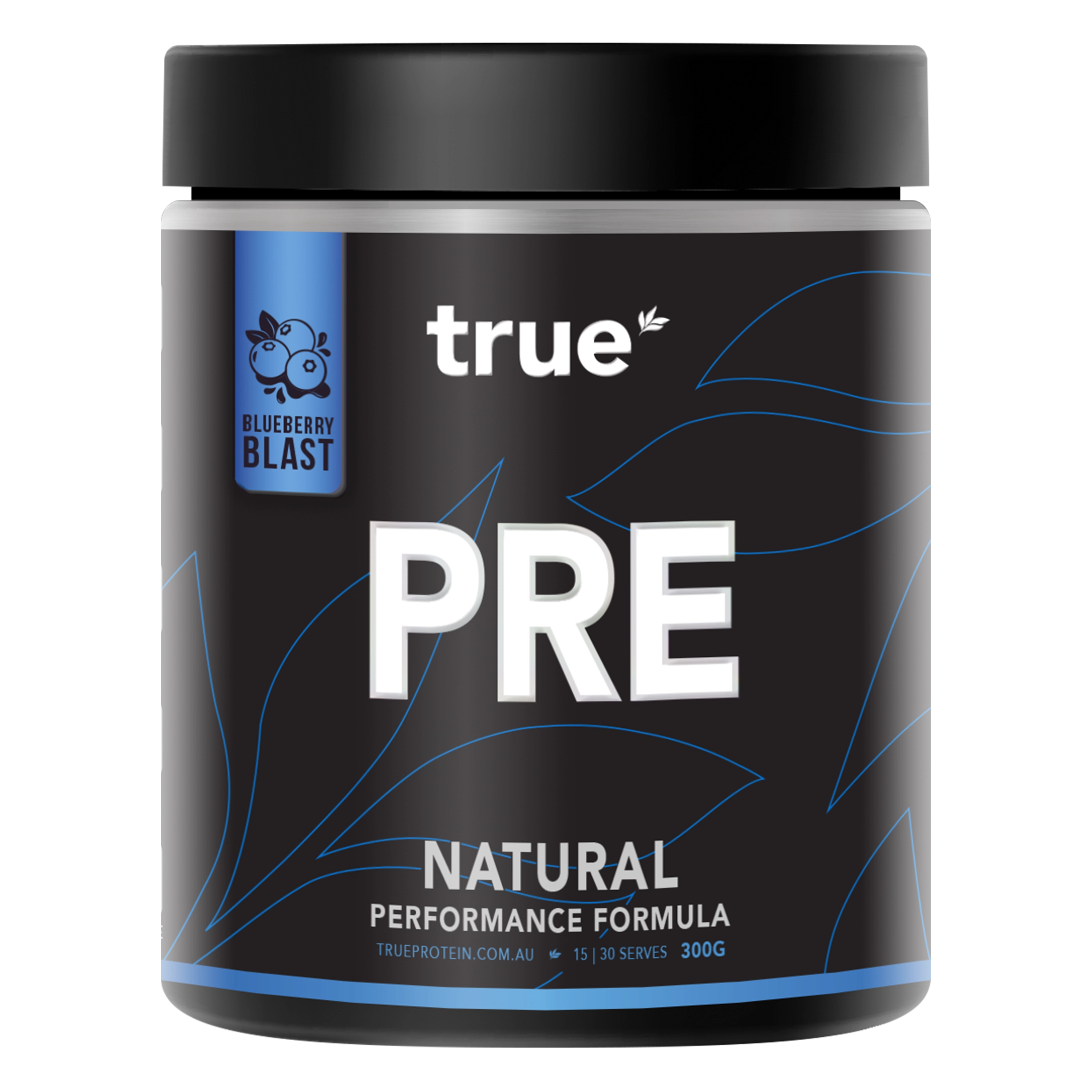 True PRE natural performance pre-workout powder – Blueberry Blast flavor, 300g (30 serves) black tub by True Protein, Australia