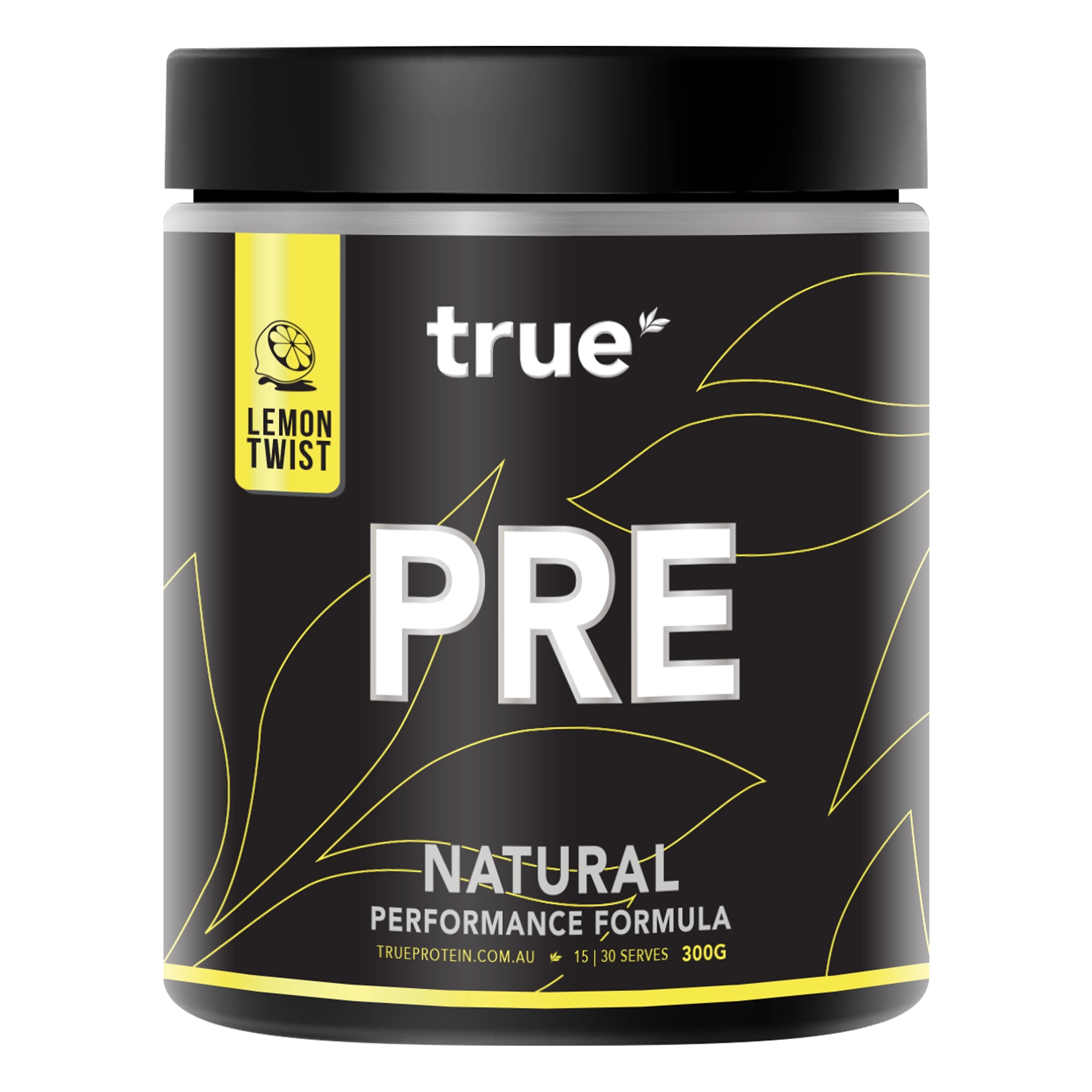 True Protein PRE pre-workout powder tub, Lemon Twist flavour, 300g black and yellow container labeled "Natural Performance Formula" (Australia)