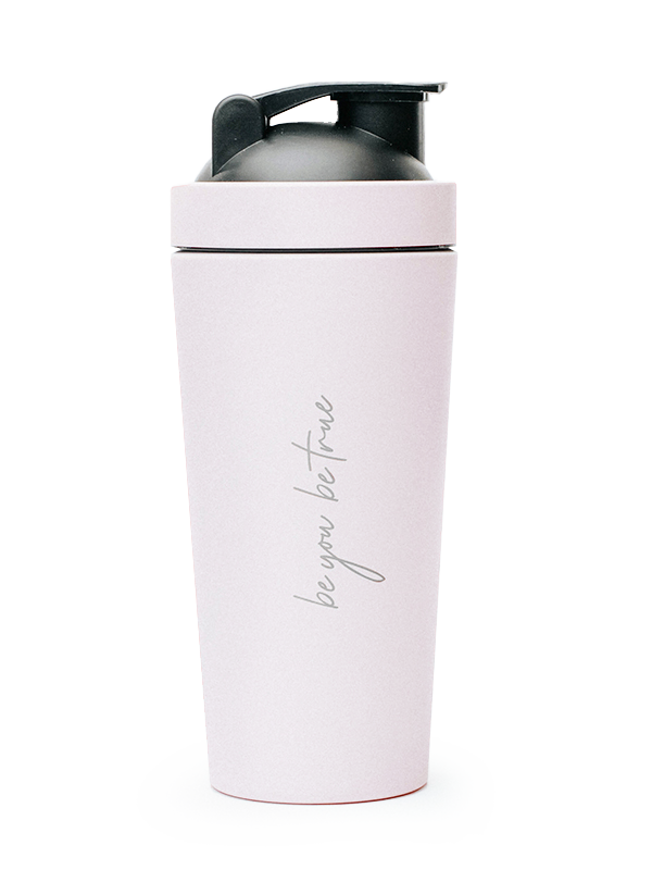 Pink clay matte protein shaker bottle with black flip-top lid, vertical cursive &quot;be you be true&quot; logo — gym &amp; fitness water bottle for smoothies and protein shakes