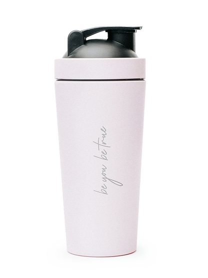 Pink clay matte protein shaker bottle with black flip-top lid, vertical cursive &quot;be you be true&quot; logo — gym &amp; fitness water bottle for smoothies and protein shakes